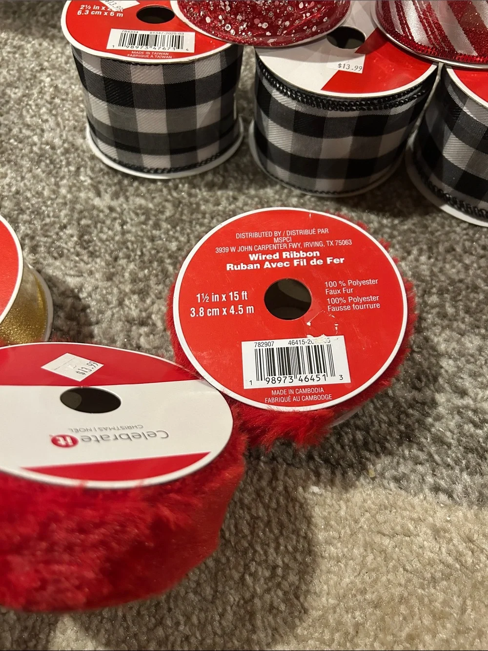 Holiday Ribbon Craft assorted Set - Red, Silver, Gold, Green, plaid